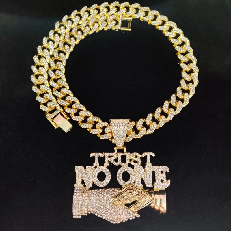 Men Women Hip Hop Trust no one Pendant Necklace with13mm Cuban Chain Hiphop Iced out pendant Necklaces Fashion Punk Jewelry Gift 240713