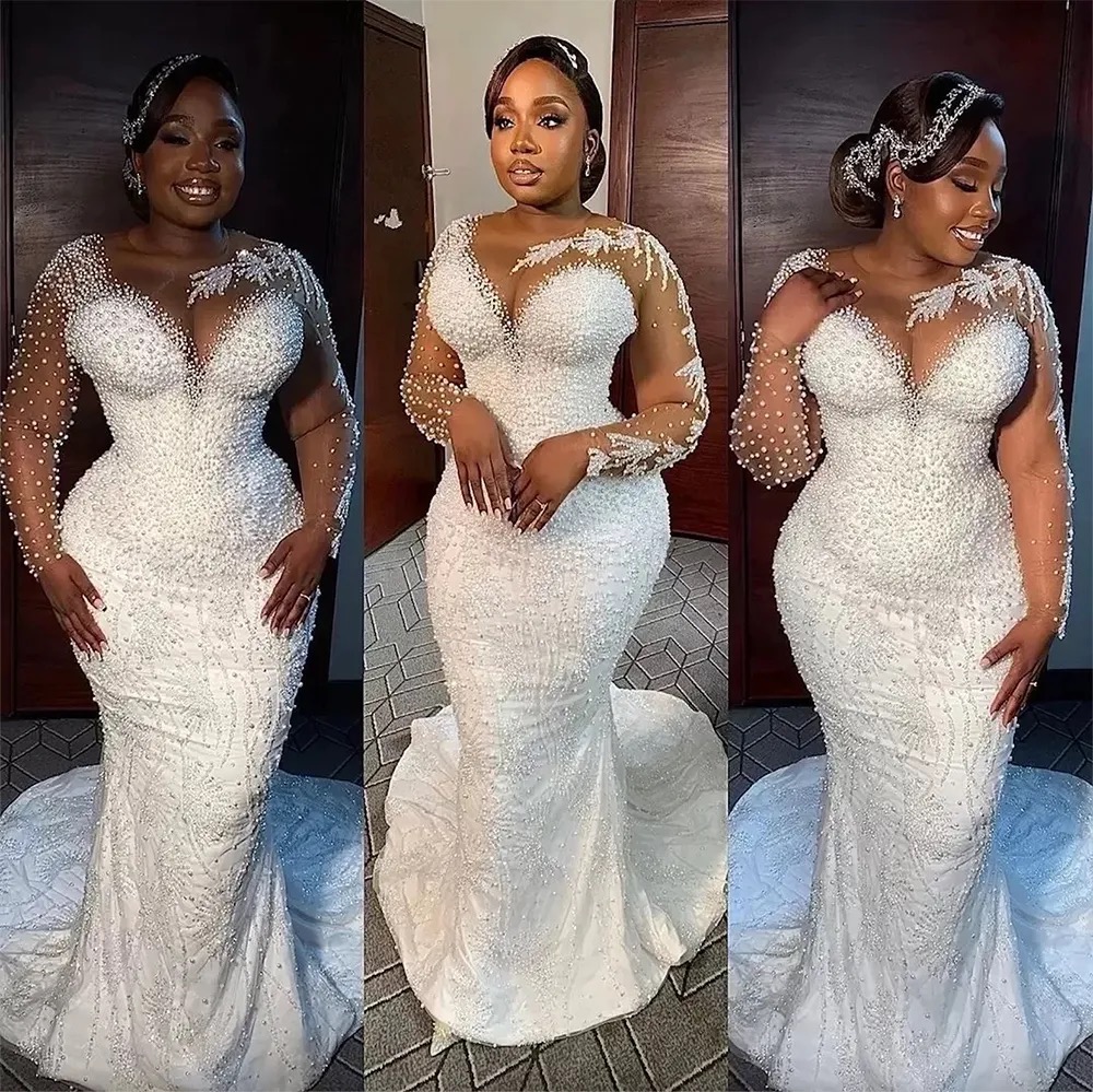 Plus Size Wedding With Detachable Train Pearls Beaded Long Sleeve Mermaid Bridal Gowns Plus Size Robe De Mariee