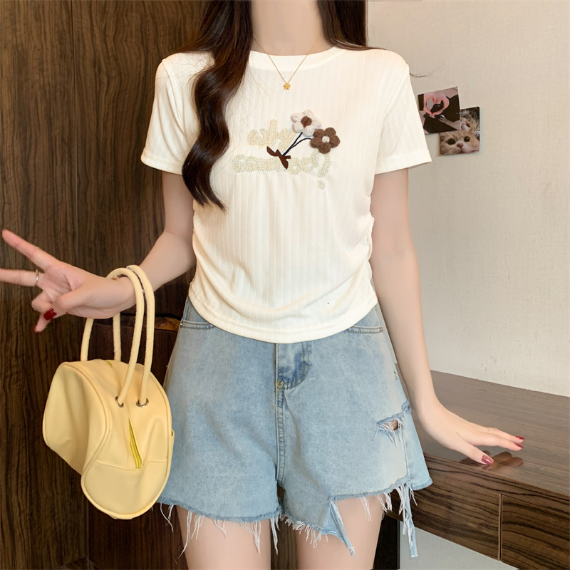 New Summer Collection Women's Round Neck Embroidered Striped with Waist Tight Fit and Short Sleeves T-shirt for Women
