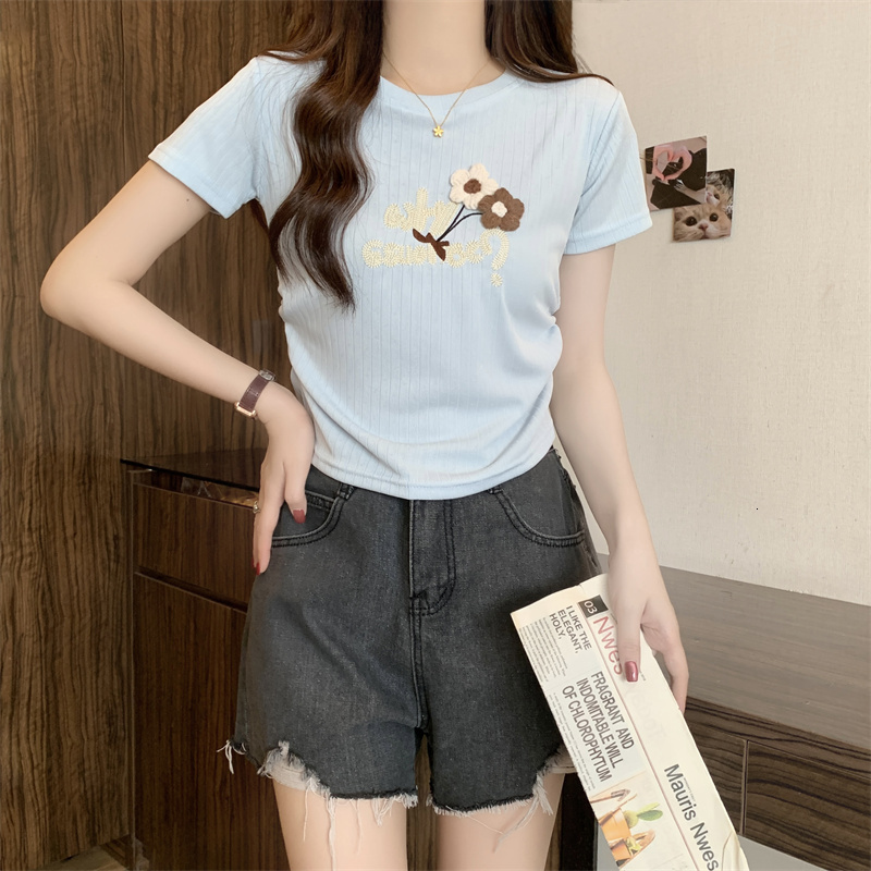New Summer Collection Women's Round Neck Embroidered Striped with Waist Tight Fit and Short Sleeves T-shirt for Women