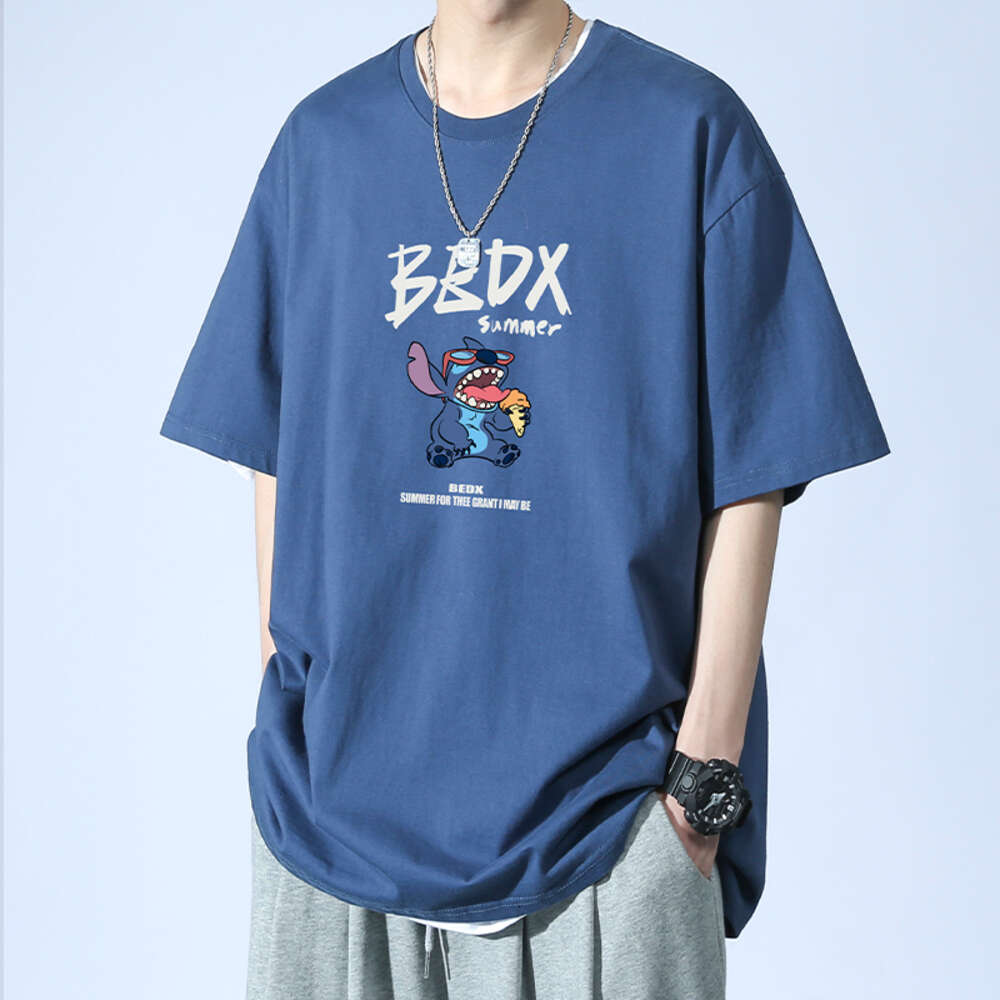 Self operated warehouse 2024 trendy brand summer loose pure cotton printed T-shirt men, casual short sleeved shirt for men