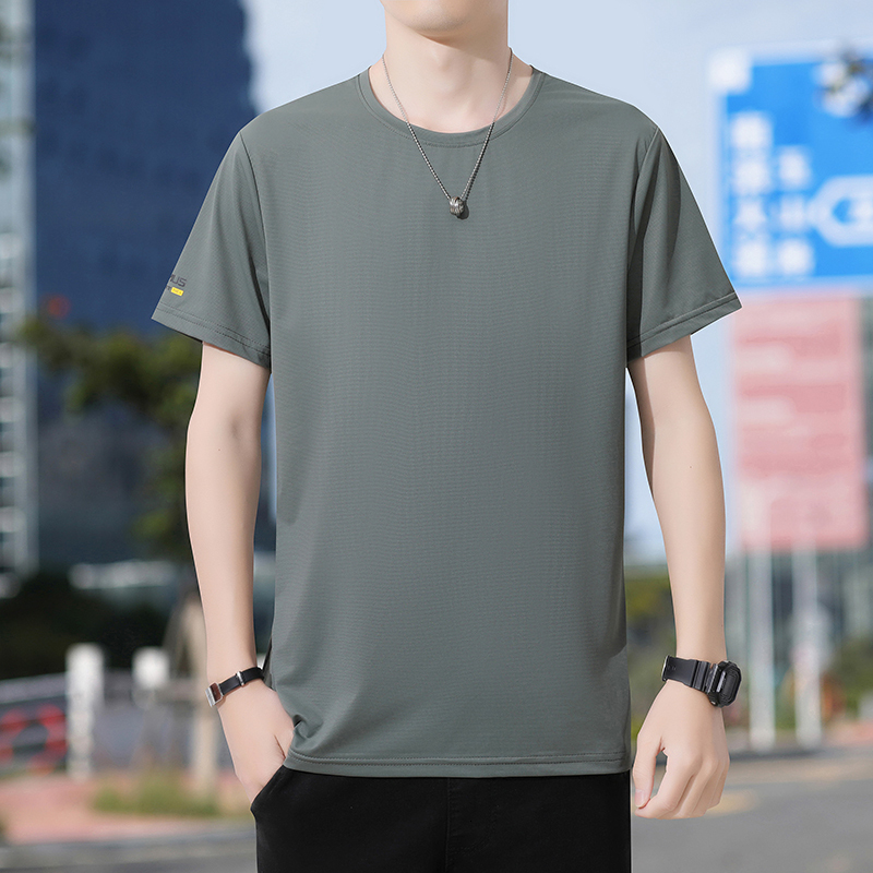 New Men's 2024 Summer Ice Silk Large Round Neck Quick drying Short sleeved T-shirt