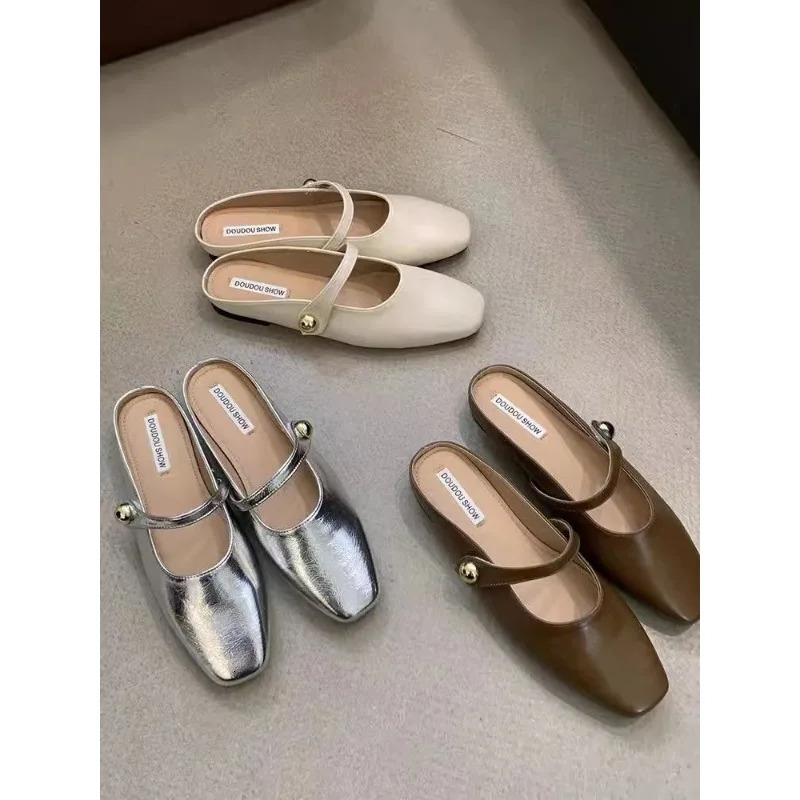 Soft leather 2024 Ins silver buckle strap casual shoes fashionable flat elegant sparkling metal mule shoe cover toe slider 240713