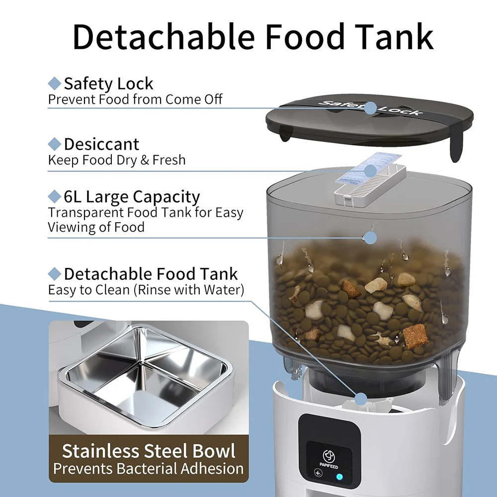 Smart Automatic Cat Feeders WiFi Pet Feeder with APP Control for Remote Feeding, Cat Food Dispenser 1-30 Meals Per Day for Dog