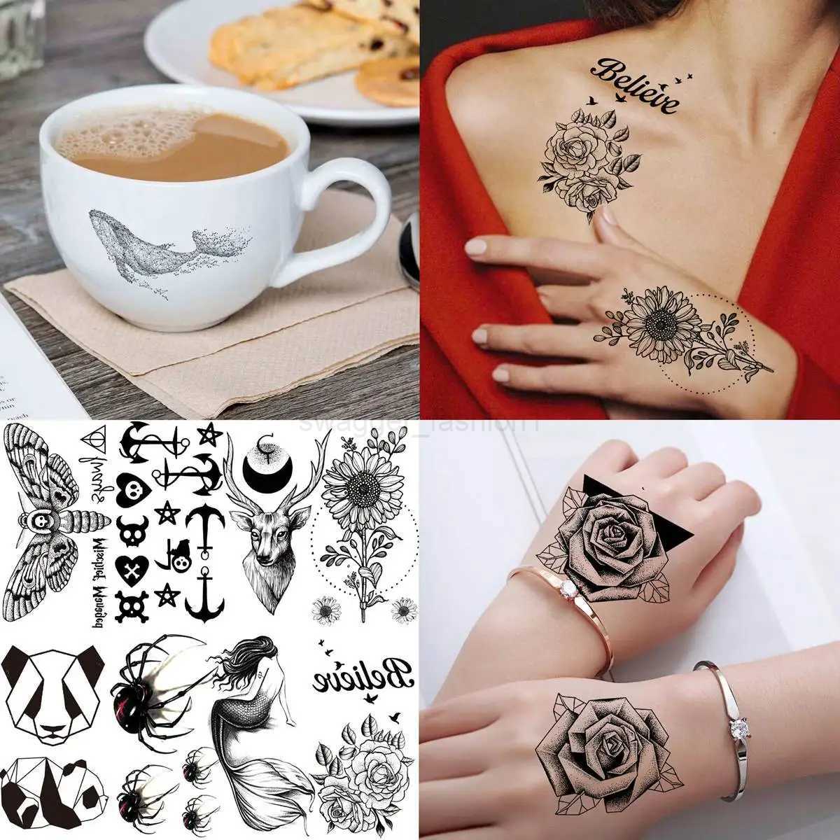 66 Sheets Small Black Temporary Tattoos For Women Men Face Neck Fake Tattoo Sticker Realistic Skull Flower Star Tatoos Kits FunB240713