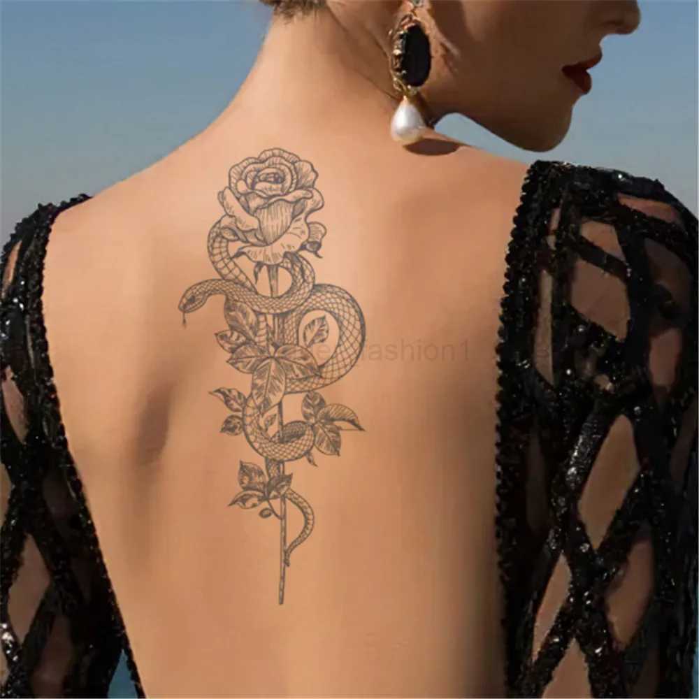 2023 Summer Snake Flower Temporary Tattoos Sticker Waterproof Cool Dark Style Unisex Water Transfer Fake Tattoo Women AccessoryB240713