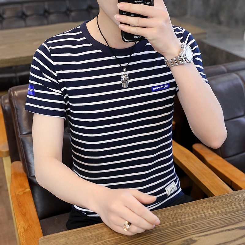 Yuncang Flash Hair 2022 Summer New Round Neck Pure Cotton Striped Short sleeved T-shirt Korean Edition Slim Fit Fashion Casual Men's Wear