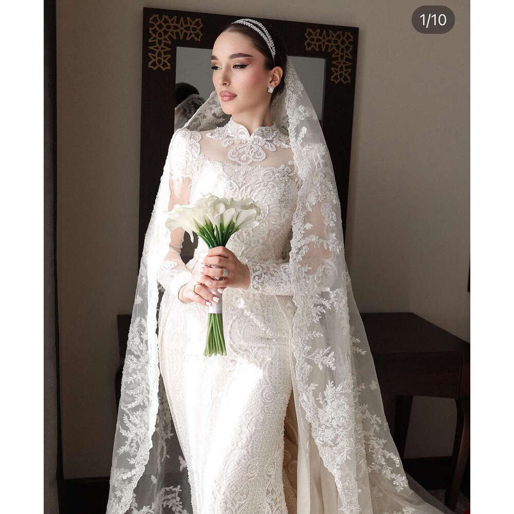 Mermaid Wedding Dresses Long Sleeves Appliques Lace Bridal Gowns Custom Made Sweep Train Robe De Mariee