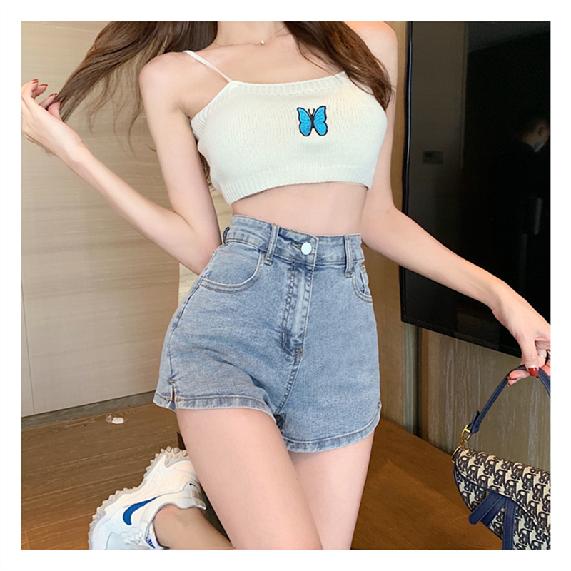 Denim shorts for women with high waist slim straight cut summer sexy and versatile A-line mesh red cropped pants black hot pants
