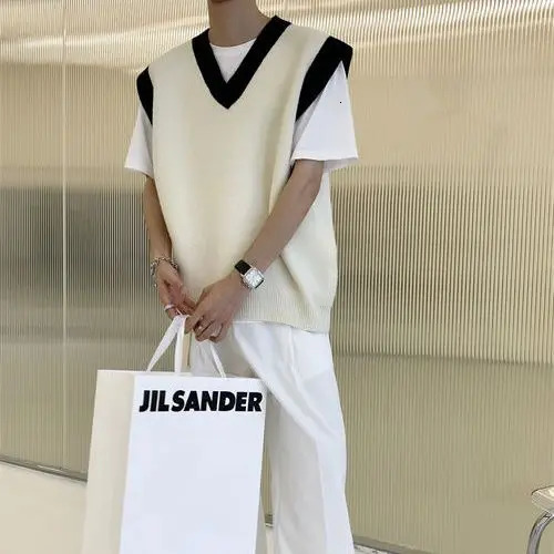 Korean Sweater Vest Mens Fashion Knitwear Solid Color Casual V-neck Knitted Pullover Men Loose Knitting Sweaters Clothes B282 240712