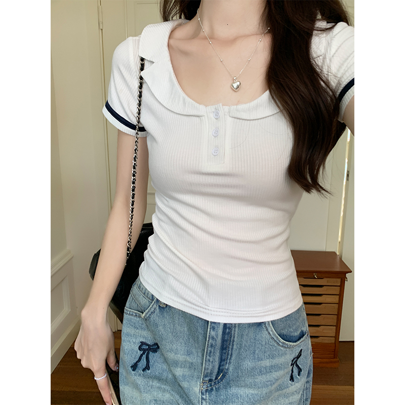 New product lighing delivery Korean version college style sweet collared contrasting short sleeved T-shirt for women's summer slim fit and versat