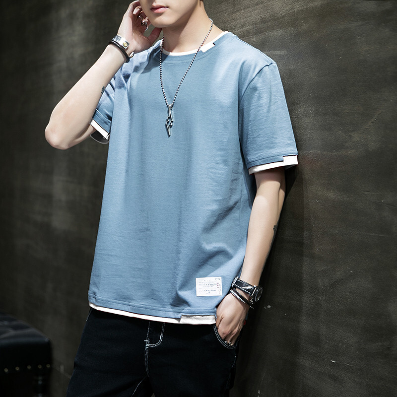 Yuncang Flash Hair Classic Fake Two Piece Short sleeved Pure Cotton Summer Men's Inner Style Fashion Brand T-shirt Women