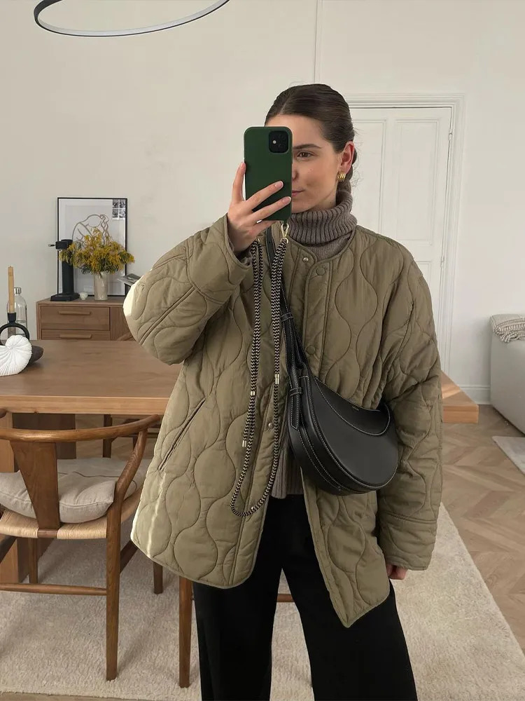 Solid Quilted Jackets Women Spring Autumn Oneck Single Breasted Pocket Coats Female Long Sleeve Casual Lady Chic Outerwear 240712