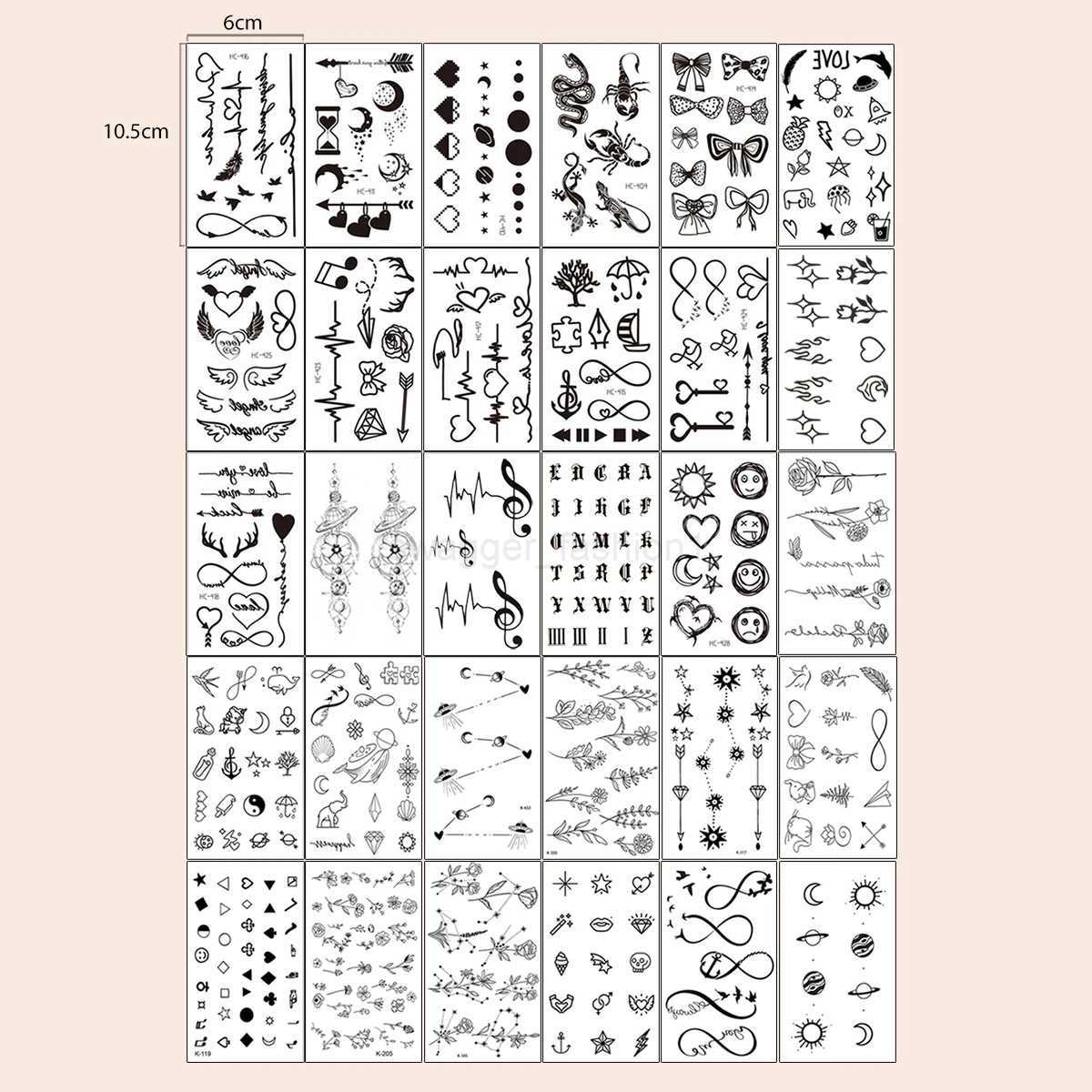 30pcs Waterproof Temporary Tattoo Sticker Black Small Pattern Feather Heart Bird Expression Body Art Arm Fake Tattoos Women MenB240713