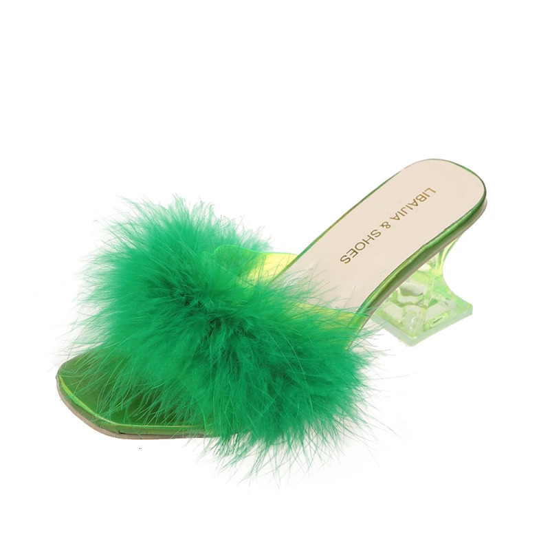 Feather Slippers Transparent and Strange Womens High Heels Fashion Transparent PVC Square Open Toe Fur Sandals Womens Mule Slide 240713