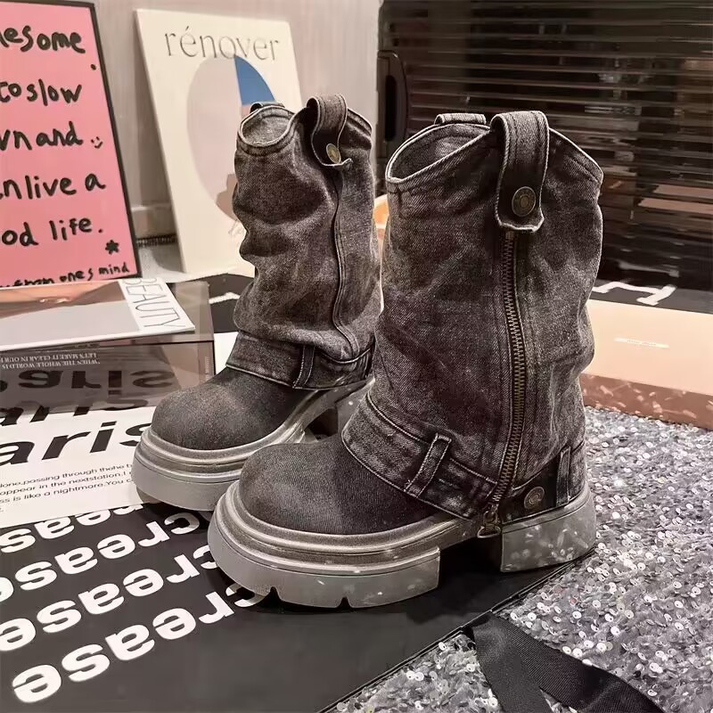 New Bottom Fashion 2024 Thick Comfortable and Durable Explosive Casual Mid Barrel Washed Cowboy Martin Boots Lhshoe