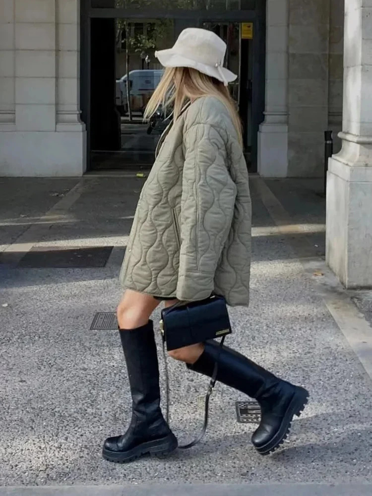 Solid Quilted Jackets Women Spring Autumn Oneck Single Breasted Pocket Coats Female Long Sleeve Casual Lady Chic Outerwear 240712