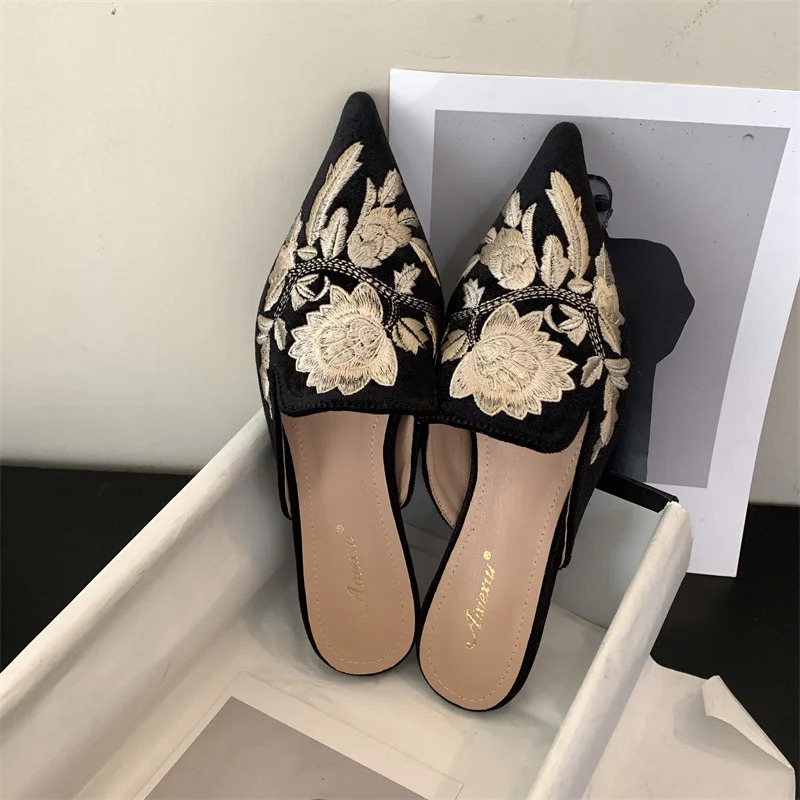 spring floral embroidery womens slider toe pointing flat head casual slider slider on mule black green beige outdoor flip cover 240713