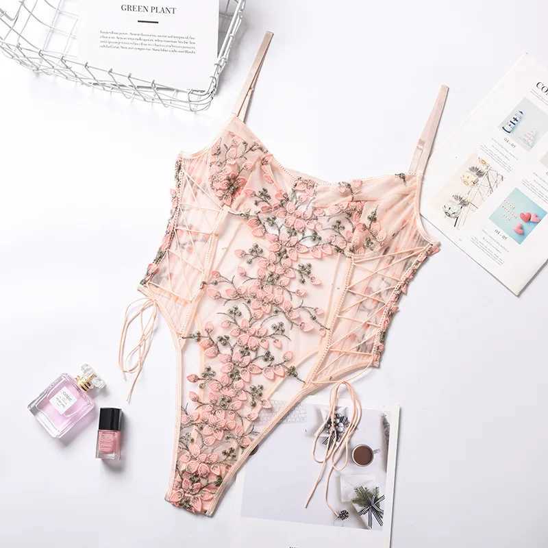 Womens Sweet Lace Flower Embroidery Strap Lingerie Set Sexy Perspective Temptation Jumpsuit Female Solid Exotic Apparel SuitXJ250301