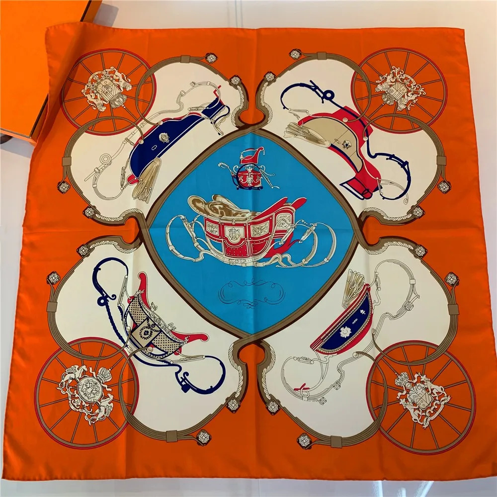 90CM Manual Hand Rolled Twill Silk Scarf Women Pumpkin Carriage Print Square Scarves Wraps Echarpes Curled Femme Bandana Hijabs 240712