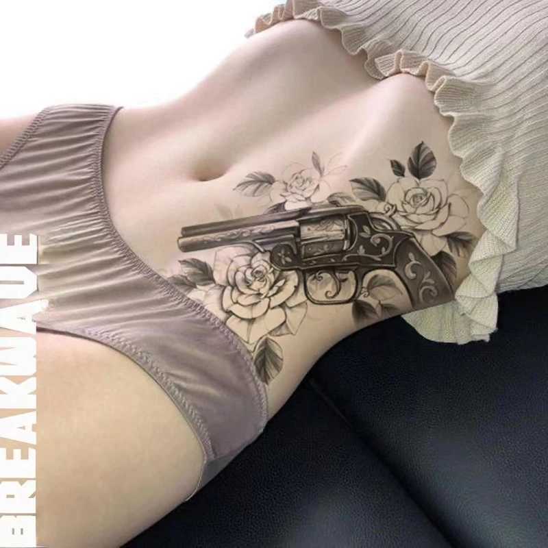 Black Gun Vine Pattern Waterproof Temporary Tattoos Sticker for Men Women Arm Legs Art Fake Tattoos Rose Flowers Leaves TatoosB240713
