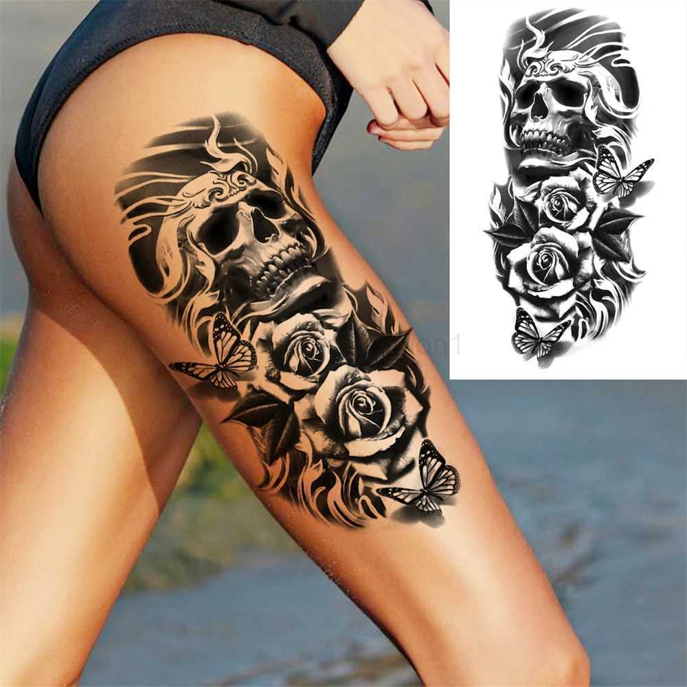 Death Skull Flower Temporary Tattoo For Women Girls Snake Bird Peony Tattoo Sticker Black Fake Blossom Sexy Tatoo Transfer AdultB240713
