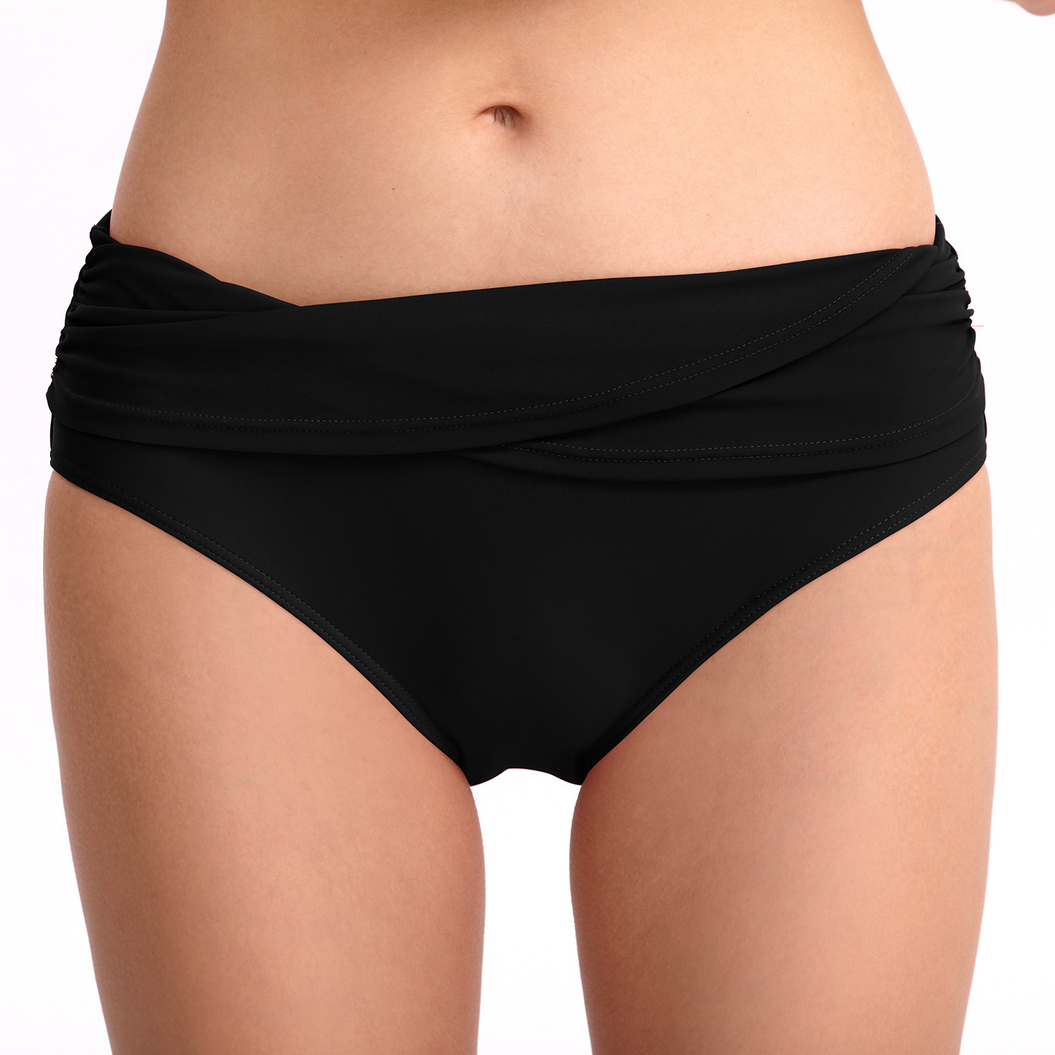 Retro High Elasticity Versatile Temperament 2023 New Women's Triangle Solid Color Sexy Hip Lifting and Slimming Wrinkle Mid Waist Swimming Pants 
