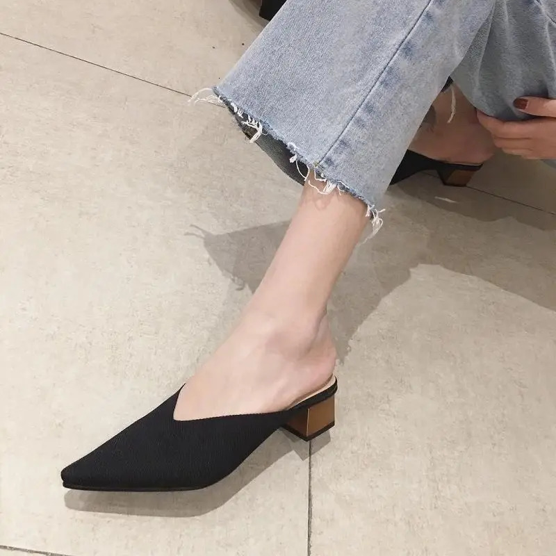 Summer 2024 high heels pointed shoes mules womens sliders and sandals black anti slip Korean style 39 F 240713