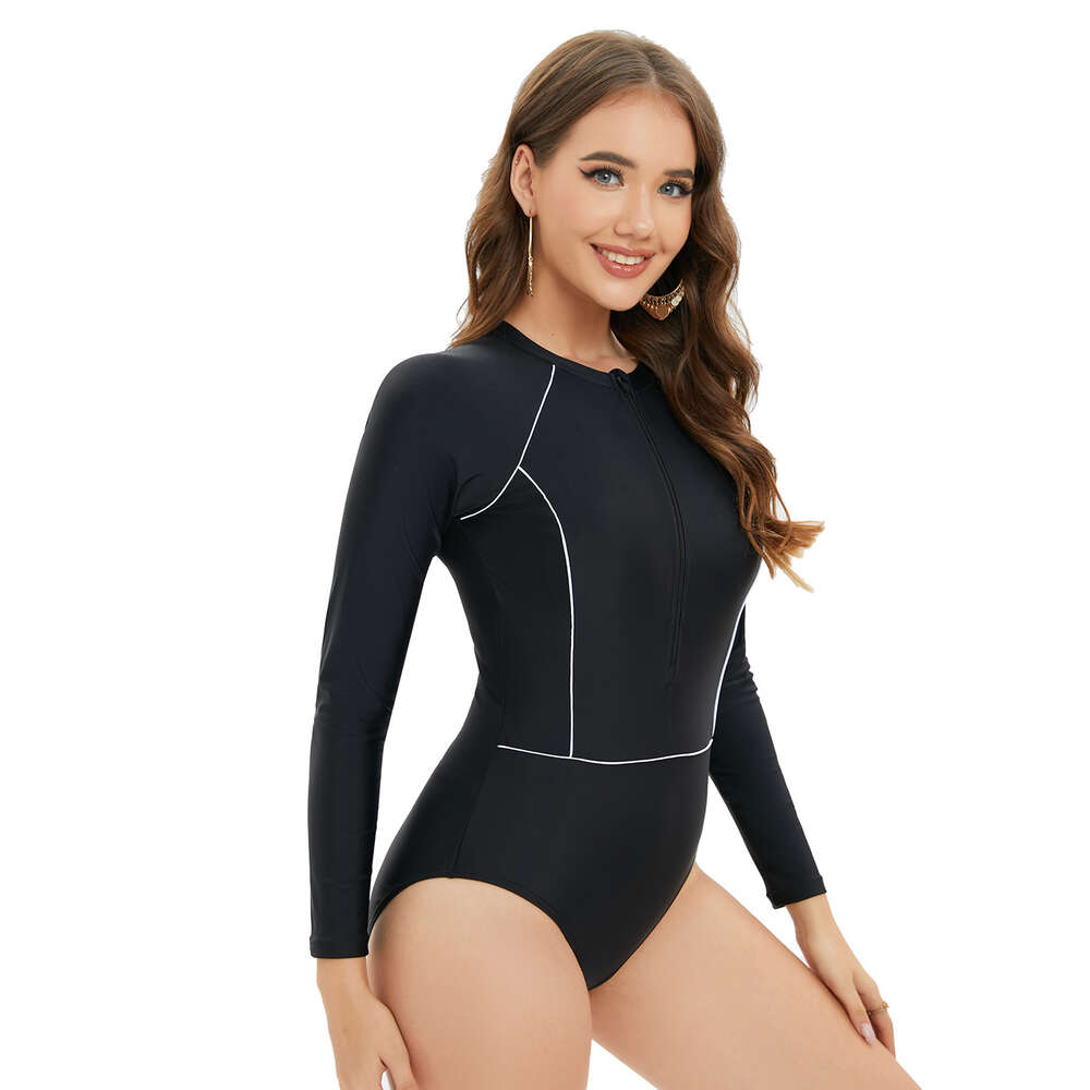 Long Temperament Ventilation Fashion 2024 New Long Sleeved Surfing Zipper One Piece Swimsuit Fashion Clip Design Conservative Diving Suit Waist Short 
