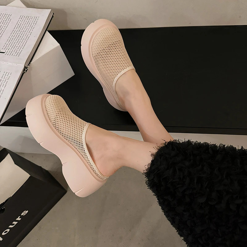 Platform mesh slider womens sandals summer mule 2024 mid boots fashionable casual slider flip Zapatos unprinted slider 240713