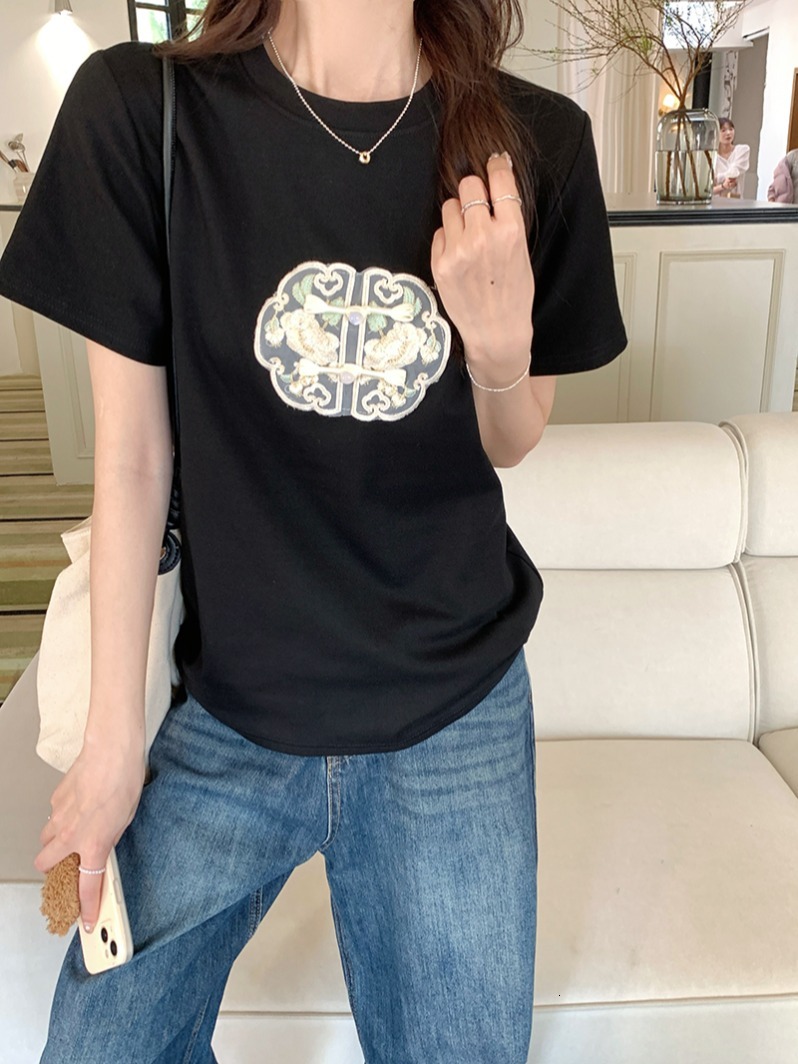 New product lighing delivery new Chinese style 180g cotton pull frame sleeved T-shirt women's summer embroidery slim fit shoulder short round nec
