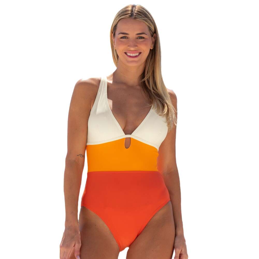 Temperament Leisure Time New 2024 Women's Deep V Sexy Three Color Splicing Cover Belly Slimming One-piece Swimsuit Bifurcated Novelty Waist Sexy 