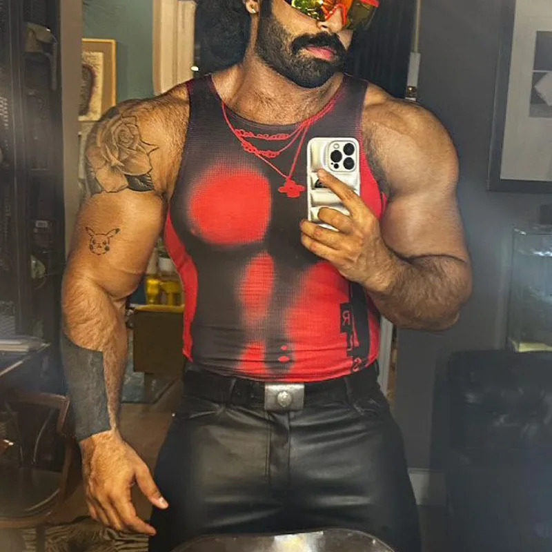 Sexy Elastic Slim Tank Tops Mens Nightclub Fashion Printed Sleeveless O Neck Straps Short Vest Streetwear Men Y2K Trend Camisole 240703