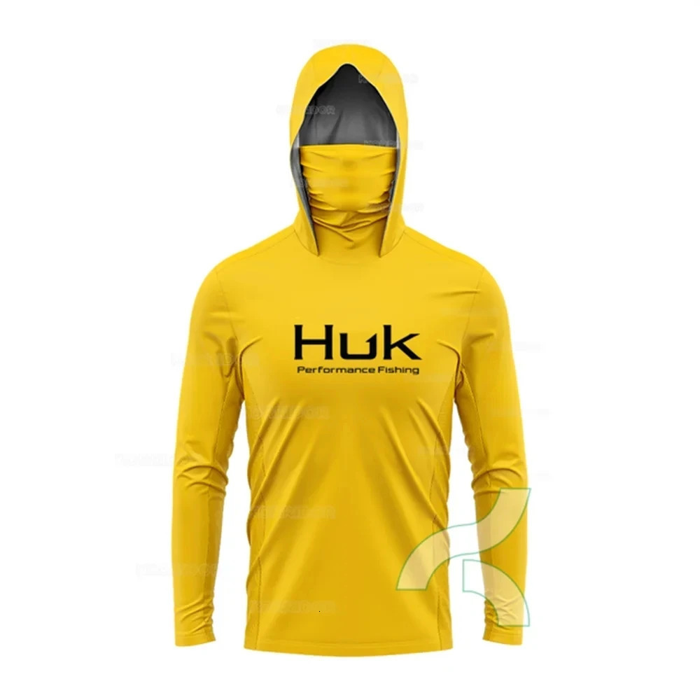 HUK Fishing Shirt Long Sleeve Anti-UV Fishing Hooded Shirts With Face Mask Fish Clothing Outdoor Sun Protection T-shirts UPF 50 240709