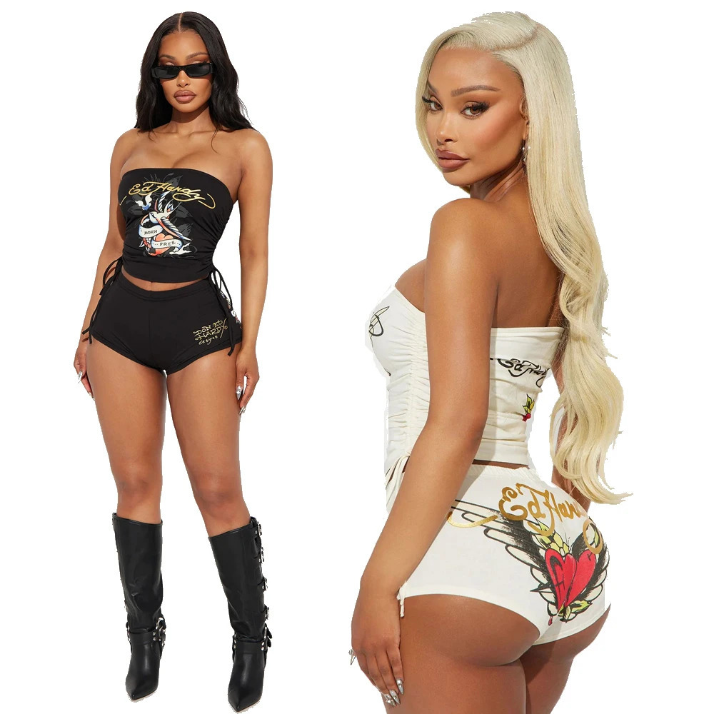 Two-Piece-Set Women Summer Outfits 2 Piece Short Tracksuit Sets 2024 Style Hardy Ed Graphic Print Tube Top And Shorts Set 240701