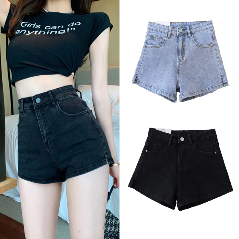 Denim shorts for women with high waist slim straight cut summer sexy and versatile A-line mesh red cropped pants black hot pants