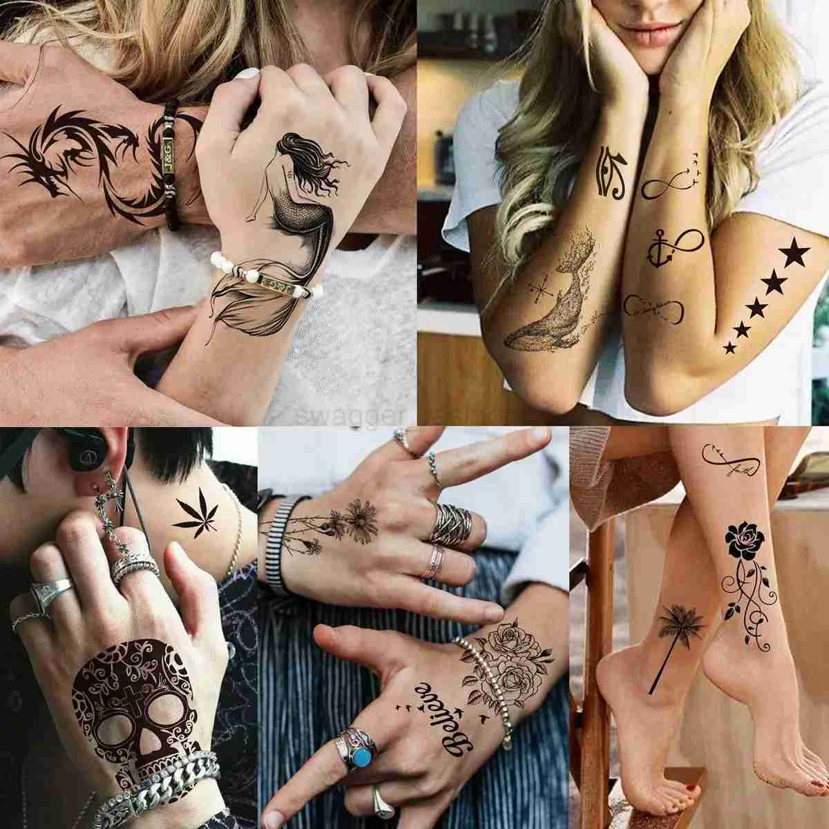 66 Sheets Small Black Temporary Tattoos For Women Men Face Neck Fake Tattoo Sticker Realistic Skull Flower Star Tatoos Kits FunB240713