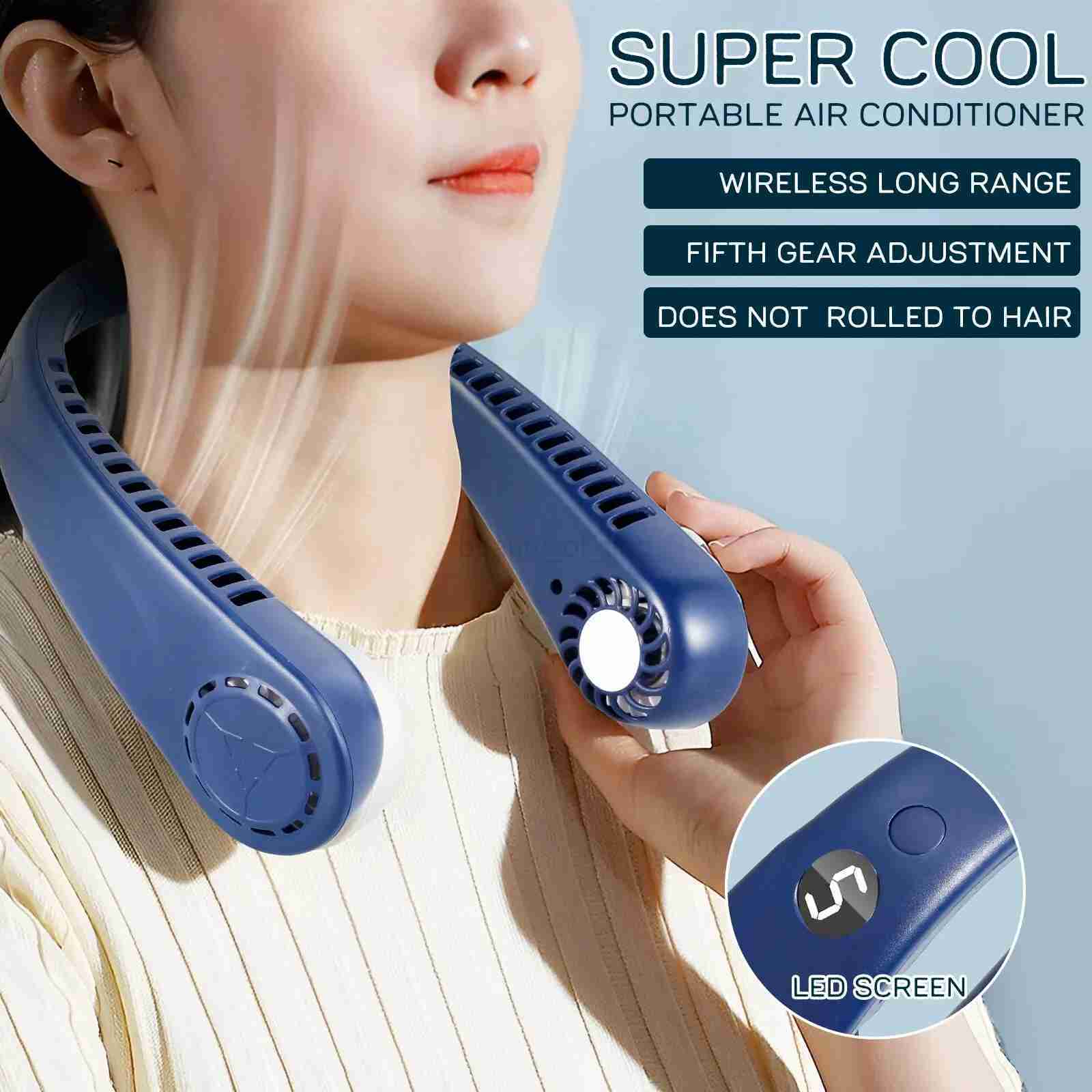 Portable Neck Fans Mini LED Digital Display Bladeless Fan 1200mAh USB Rechargeable Hands Free Cooling Fan with 5 Wind SpeedCL240712