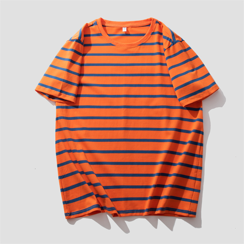 2022 Summer Loose Large Size Thin Striped Round Neck T-shirt High end Men's Sports Shirt Short Sleeve Pure Cotton