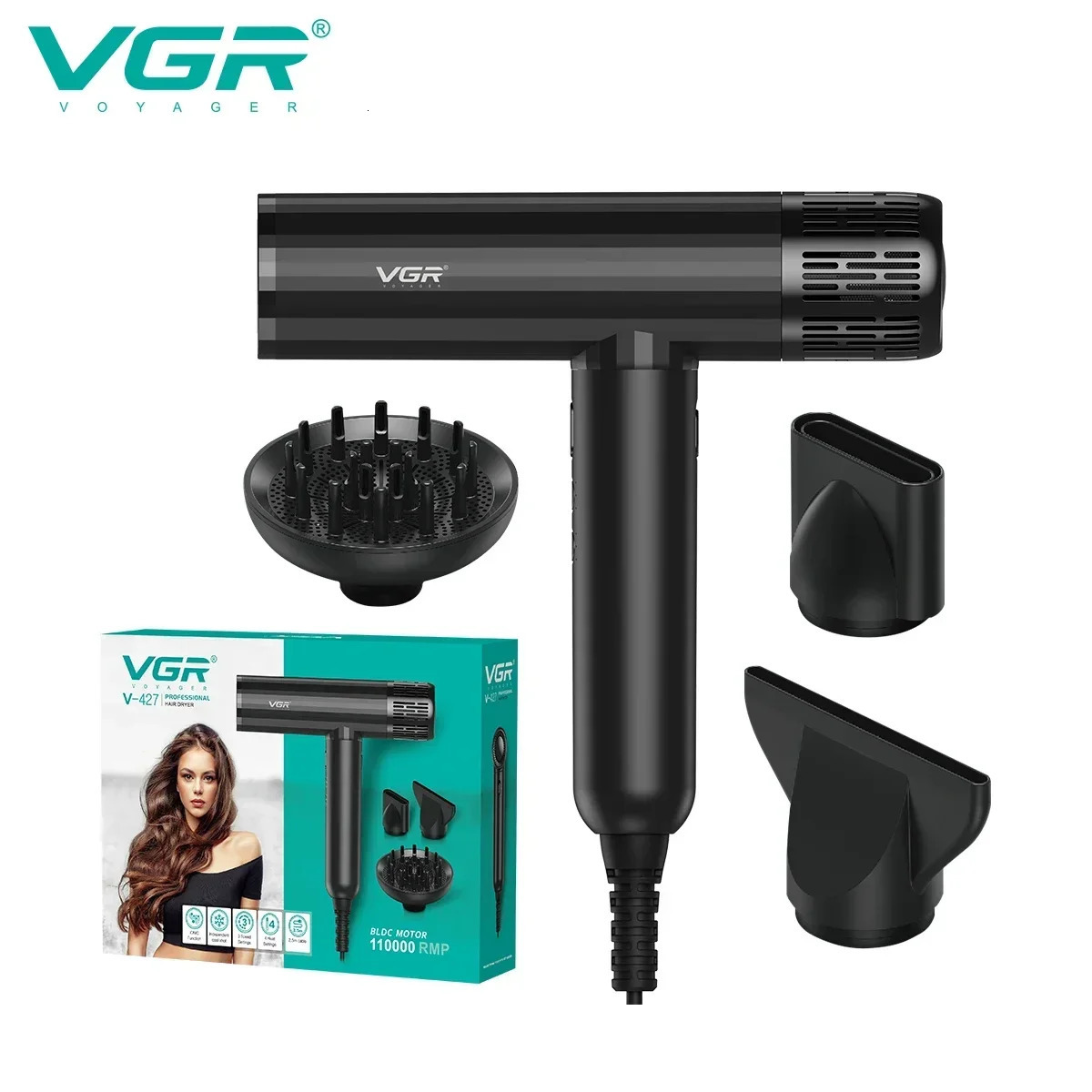 VGR Hair Dryer Professional Air Blower Brushless Motor Hair Dryer Machine 110000 RPM Hair Dryer Negative Ion Barber Salon V427 240708