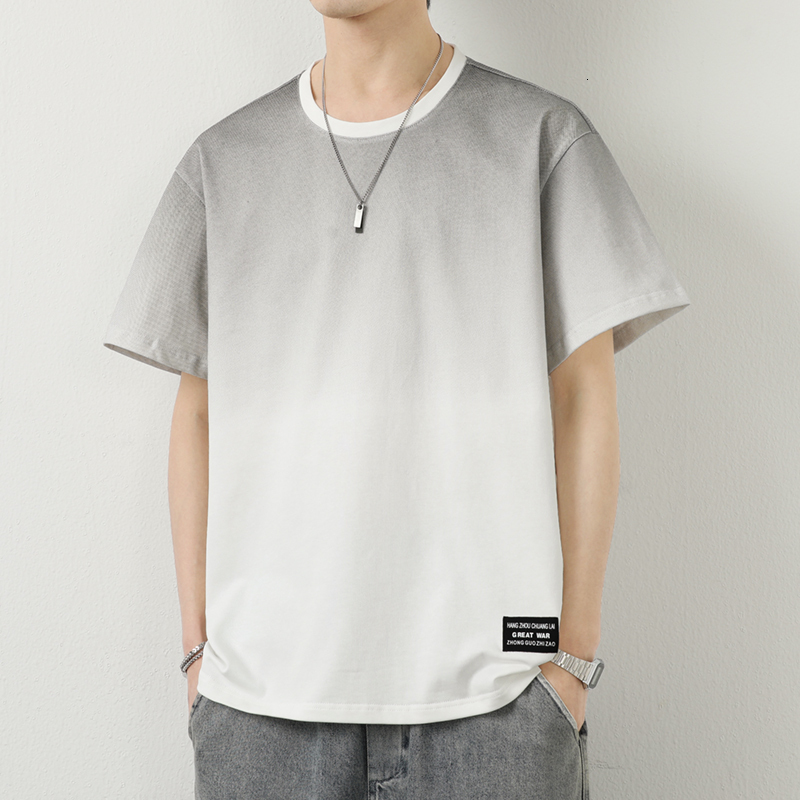 2024 New Summer Men's Trendy Loose Clothing Fashion Brand Student Short sleeved Top Round Neck Gradient 100% Cotton T-shirt
