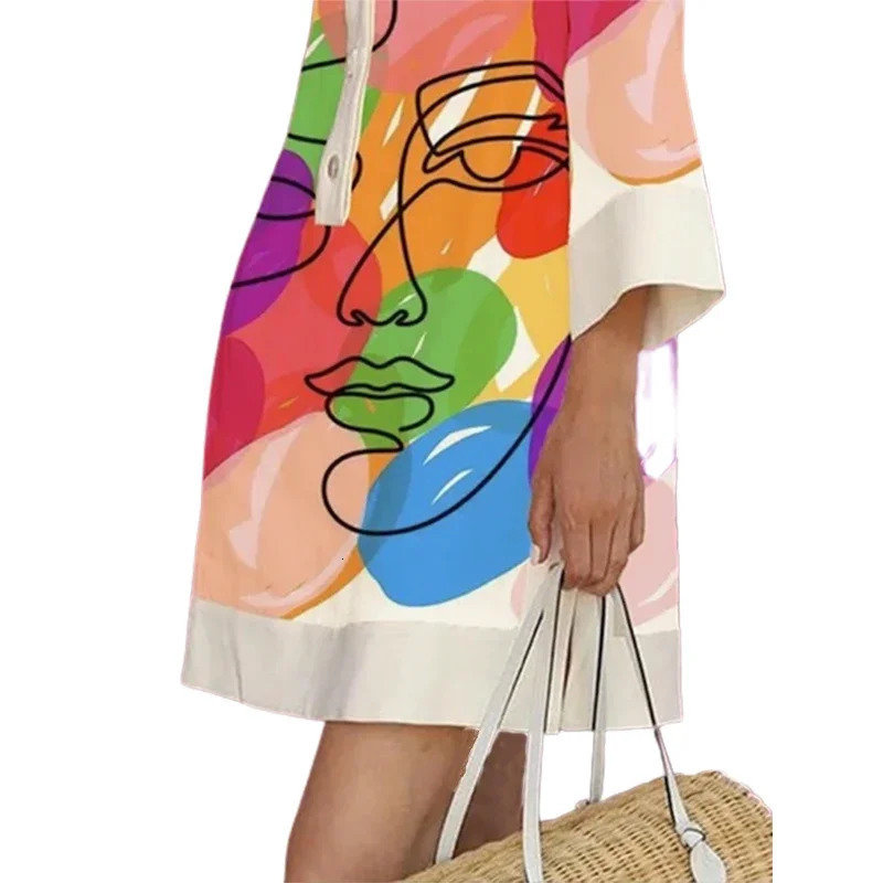 Gymystars Stylish Personality Figure Printed Lapel Short Dress Spring Summer Long Sleeve Casual Mini Dresses 240705