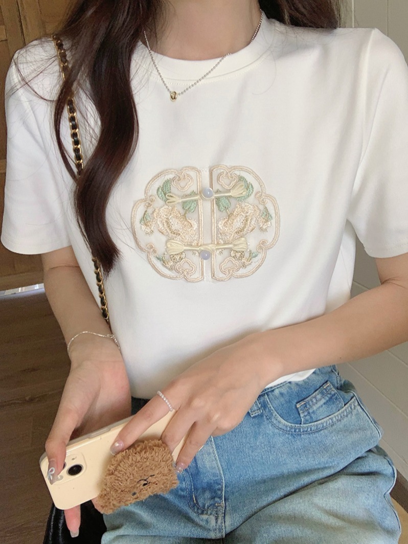 New product lighing delivery new Chinese style 180g cotton pull frame sleeved T-shirt women's summer embroidery slim fit shoulder short round nec