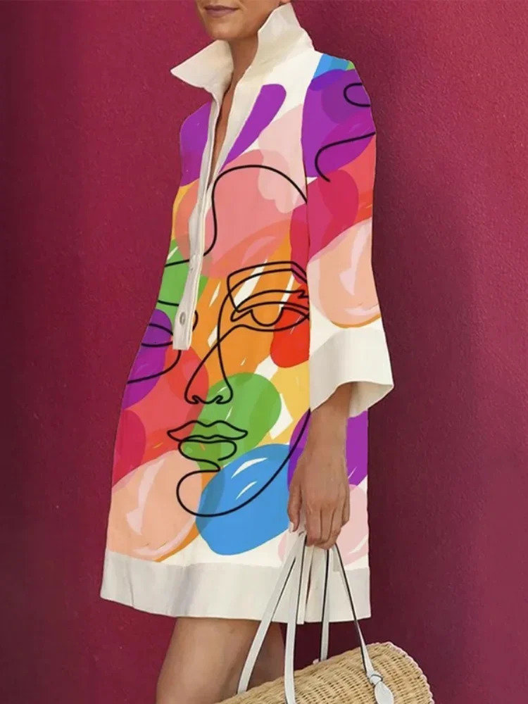 Gymystars Stylish Personality Figure Printed Lapel Short Dress Spring Summer Long Sleeve Casual Mini Dresses 240705