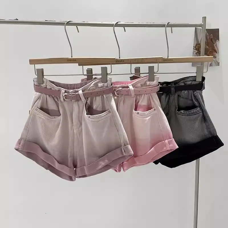 2024 Summer New Korean Sweetheart Gradient Color Spicy Girl Small Curled High Waist Denim Wide Leg Shorts for Women