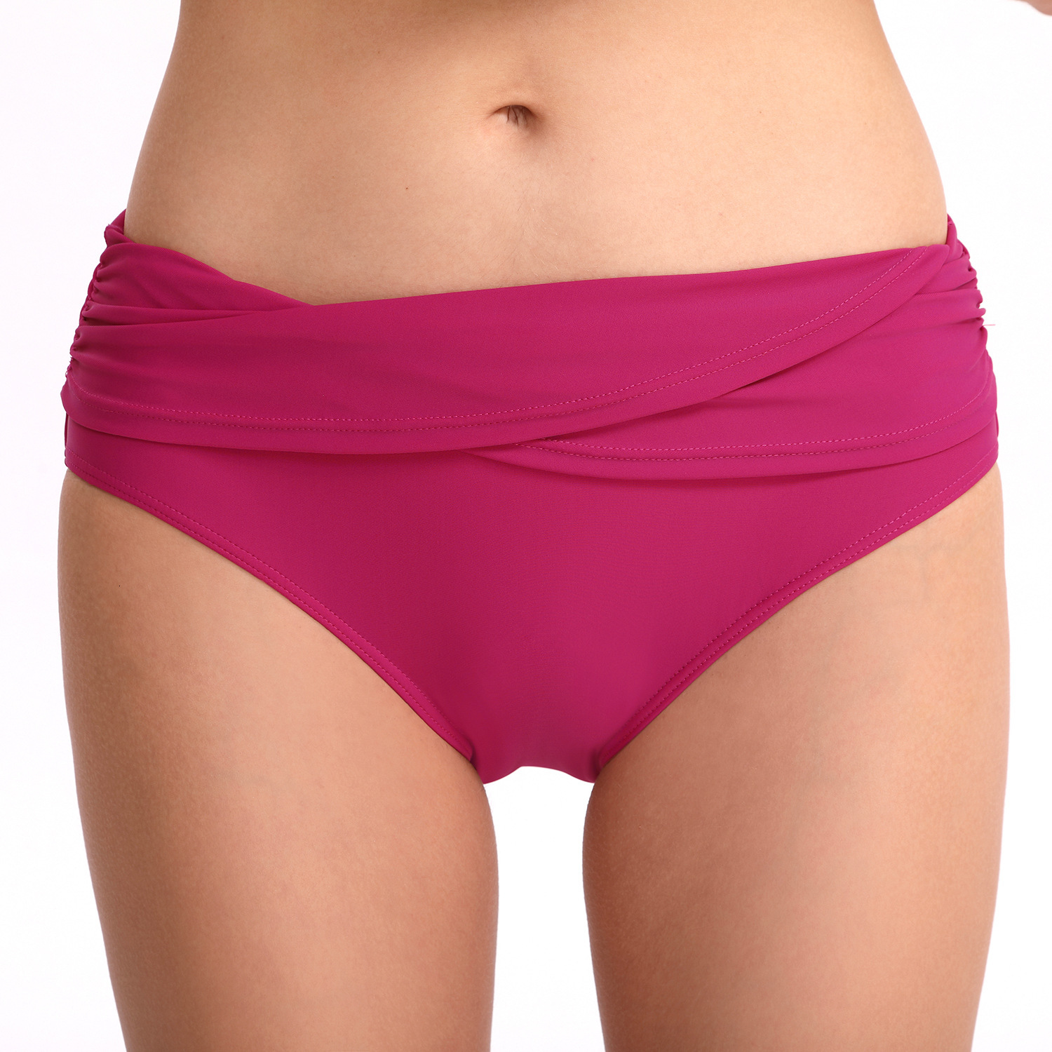 Retro High Elasticity Versatile Temperament 2023 New Women's Triangle Solid Color Sexy Hip Lifting and Slimming Wrinkle Mid Waist Swimming Pants 