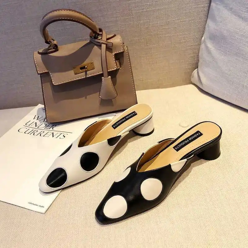 Womens elegant mule womens summer casual dot toe slider womens low high heels polka dot sandals office shoes Zapatos de mujer 240713