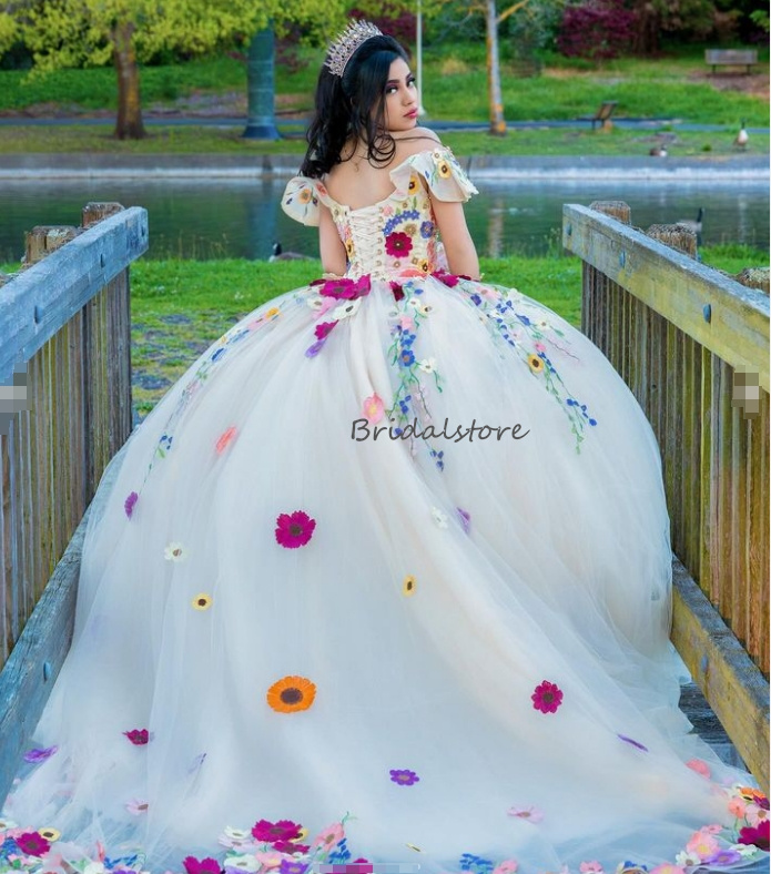 Colorful Flowers Mexican Quinceanera Dresses Charro Mexico Off Shoulders Vestidos De 15 Anos Quinceaneras 2024 Birthday Party Masquerade Pageant Sweet