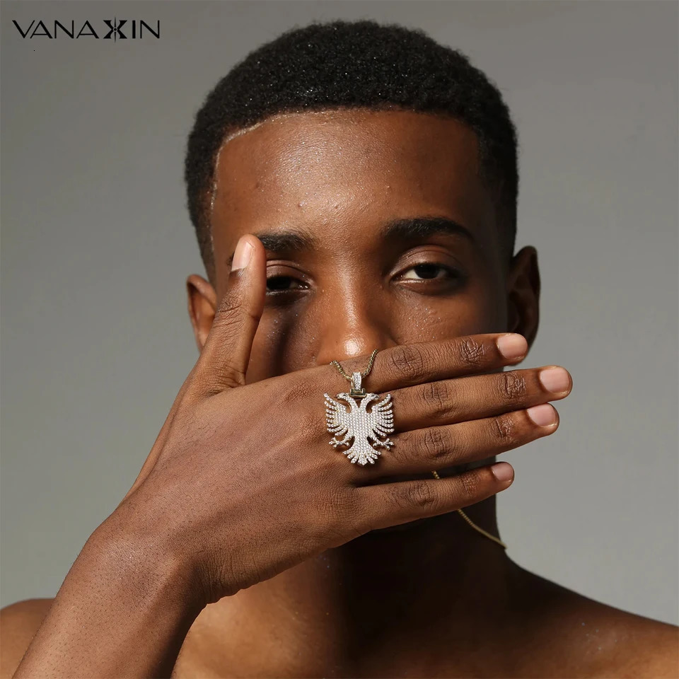 VANAXIN Iced Out Pendant Albanian Eagle Hip Hop Necklace CZ Zircon Folk Ethnic Style Jewelry Gift240703