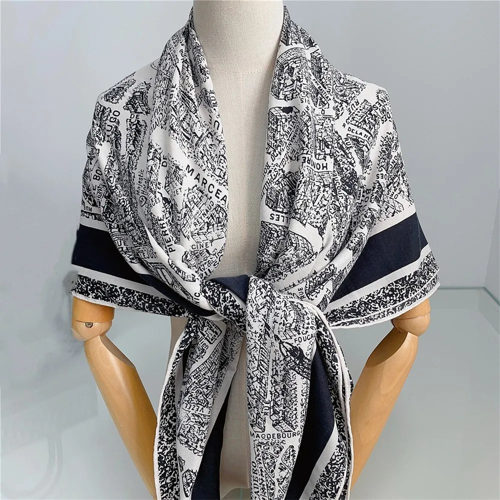 135CM Winter Thicken Silk Cashmere Scarf Women Hand Rolled Shawls Paris City Print Square Scarves Wraps Bandana Big Hijab Female 240712